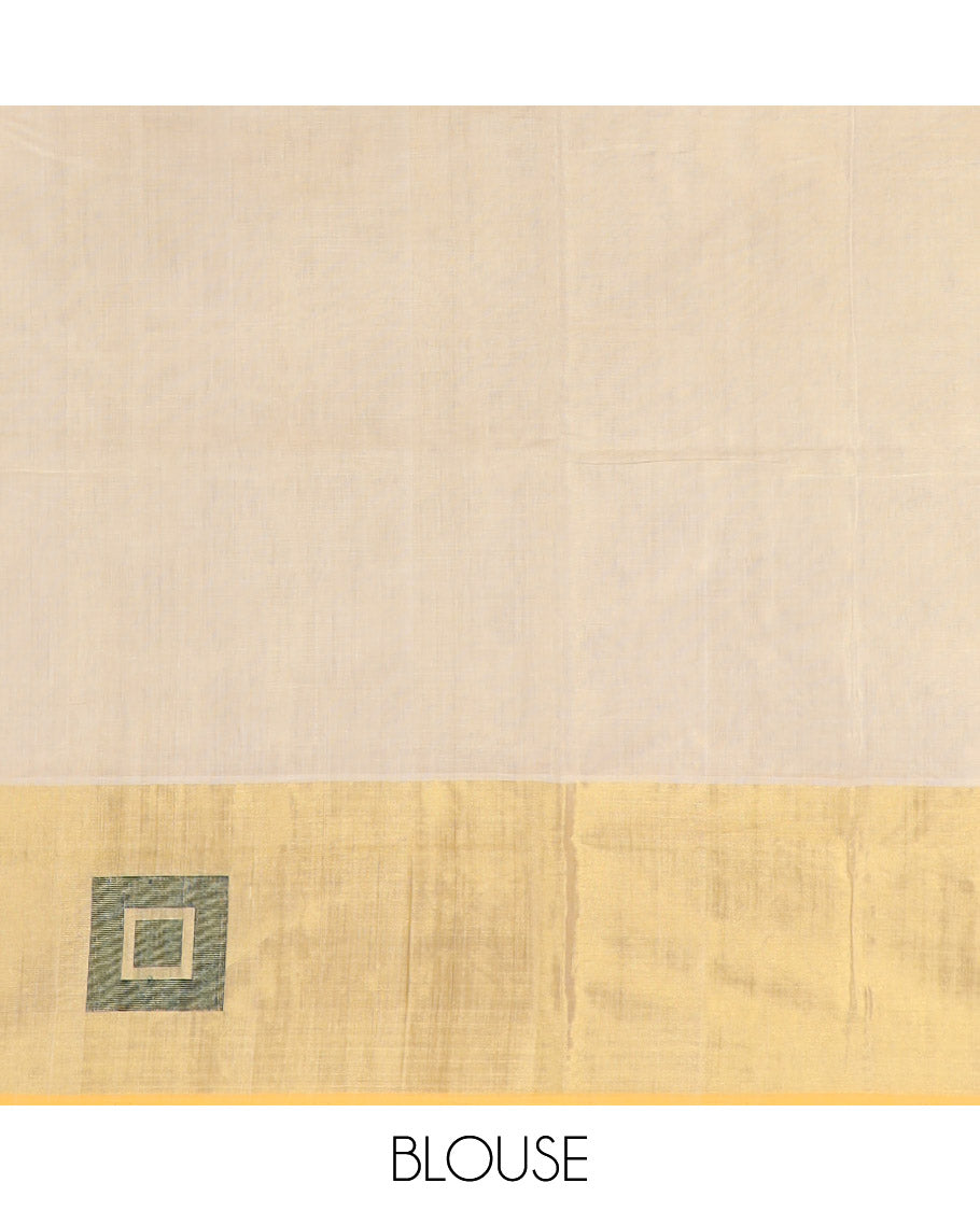 Cream kasavu saree with contrast geometric design border & striped, geometric design pallu