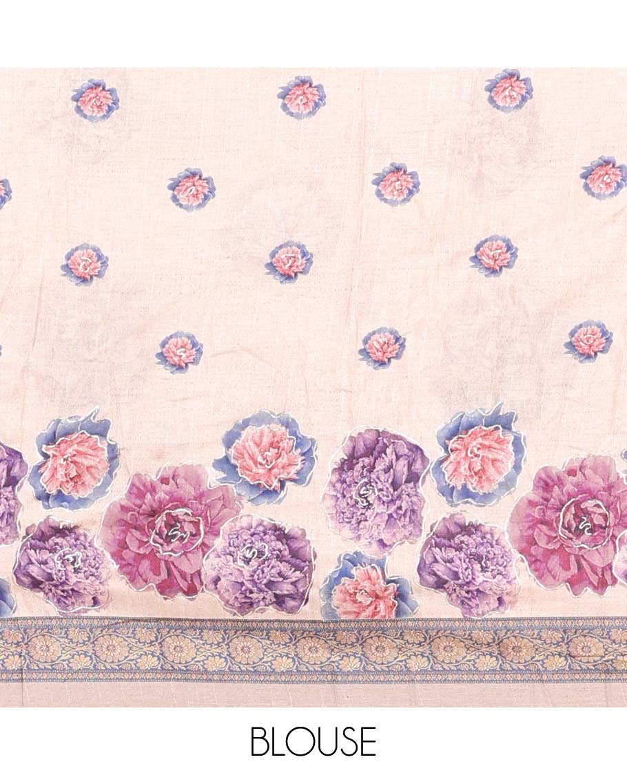 Multi-color floral printed art silk half saree, contrast traditional border, floral printed blouse & intricate pallu