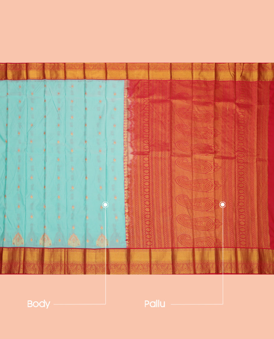 Blue Budget Silk Saree, Accentuated with Zari Buttas, a Contrast Traditional Zari Border, Grand Pallu, and a Contrast Blouse
