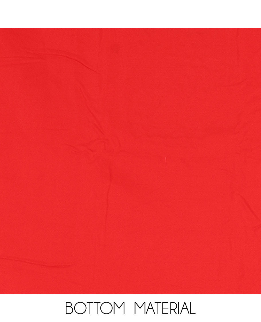 Red material churidar set, stone work with Schiffli style embroidered georgette top, American Crape bottom, and polka dotted printed mirror work dupatta