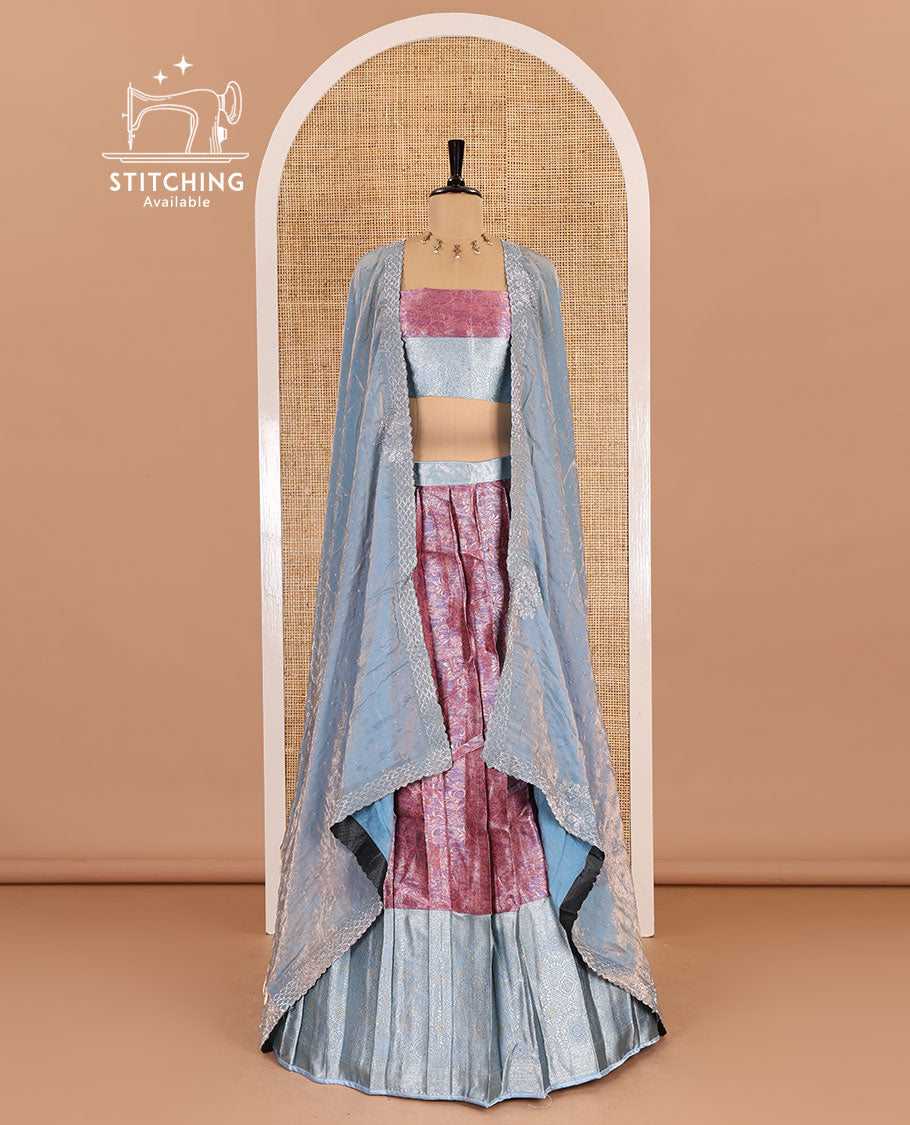 Pink banarasi half-saree, jacquard with contrast traditional zari bordered skirt, a matching blouse, and a contrast stonework velvet organza dhavani