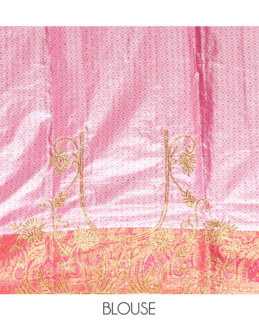 Blue Vastrakala Silk Saree, Prettified with Jacquard and Embroidery, Complemented by Contrast Traditional Zari and Patch Embroidered Scallop Border, Gleaming Grand Stone Work Pallu, and Paired with Contrast Embroidered Blouse
