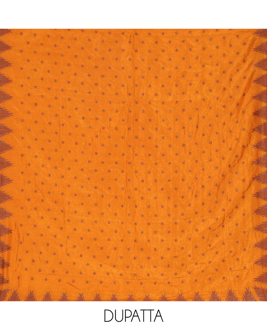 Yellow Material Chudidar Set Graced with 1000 Zari Buttas Woven Banaras Top, Subtly Made Plain Santoon Bottom, and a Banarasi Dupatta Featuring Zari Buttas and Temple Buttas