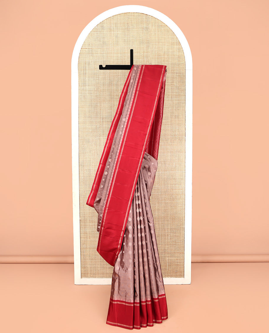 Pale Brown Kanchipuram Silk Saree, Delicately Woven with Iruthalaipakshi Butta Enclosed Checks on Its Body, Complemented by a Contrast Temple Border, Sparsely Woven Jaal Pallu, and Paired with a Contrast Blouse