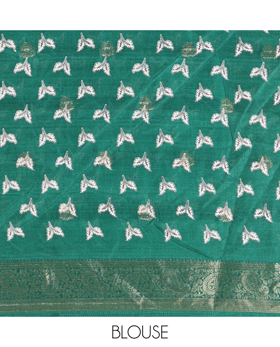 Half-white buttas with warli village motifs printed dola silk saree, contrast traditional zari border of paisleys, warli printed pallu, and a contrast printed blouse