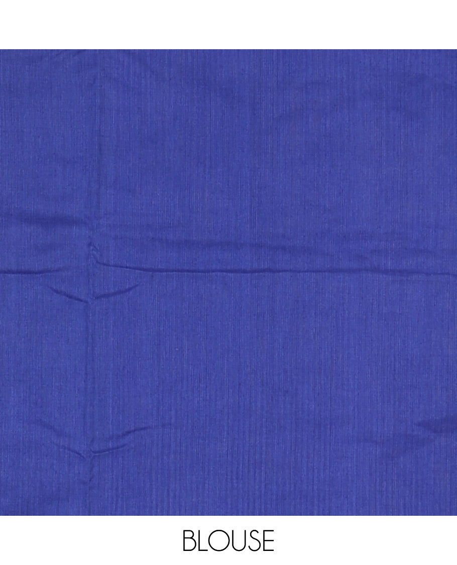 Half white leaf design ikkat cotton saree, contrast plain border, ikkat chevron pallu, and contrast plain blouse