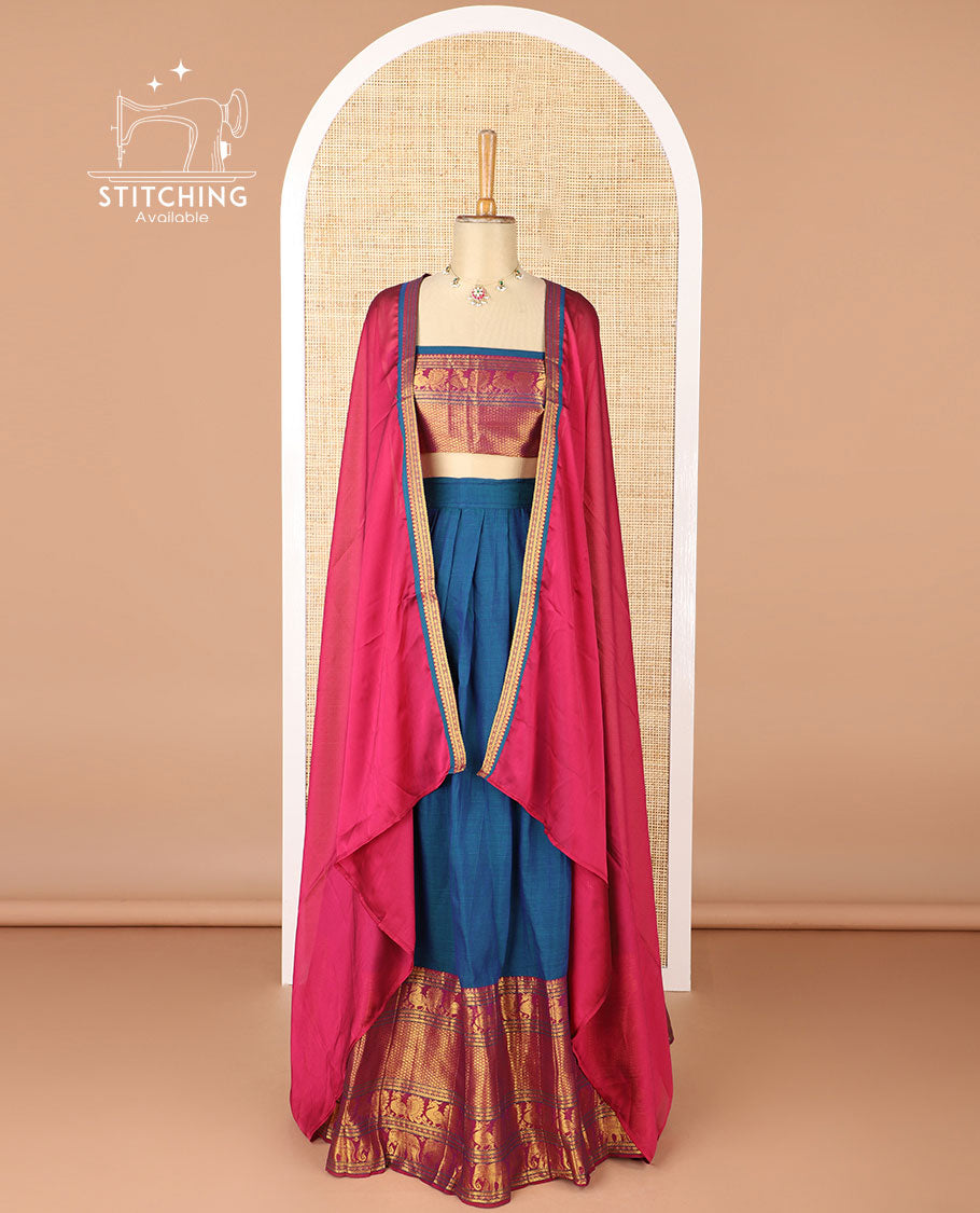 Ink blue mercerised cotton daman zari border half saree with cotton blouse & skya georgette one side zari border dhavani