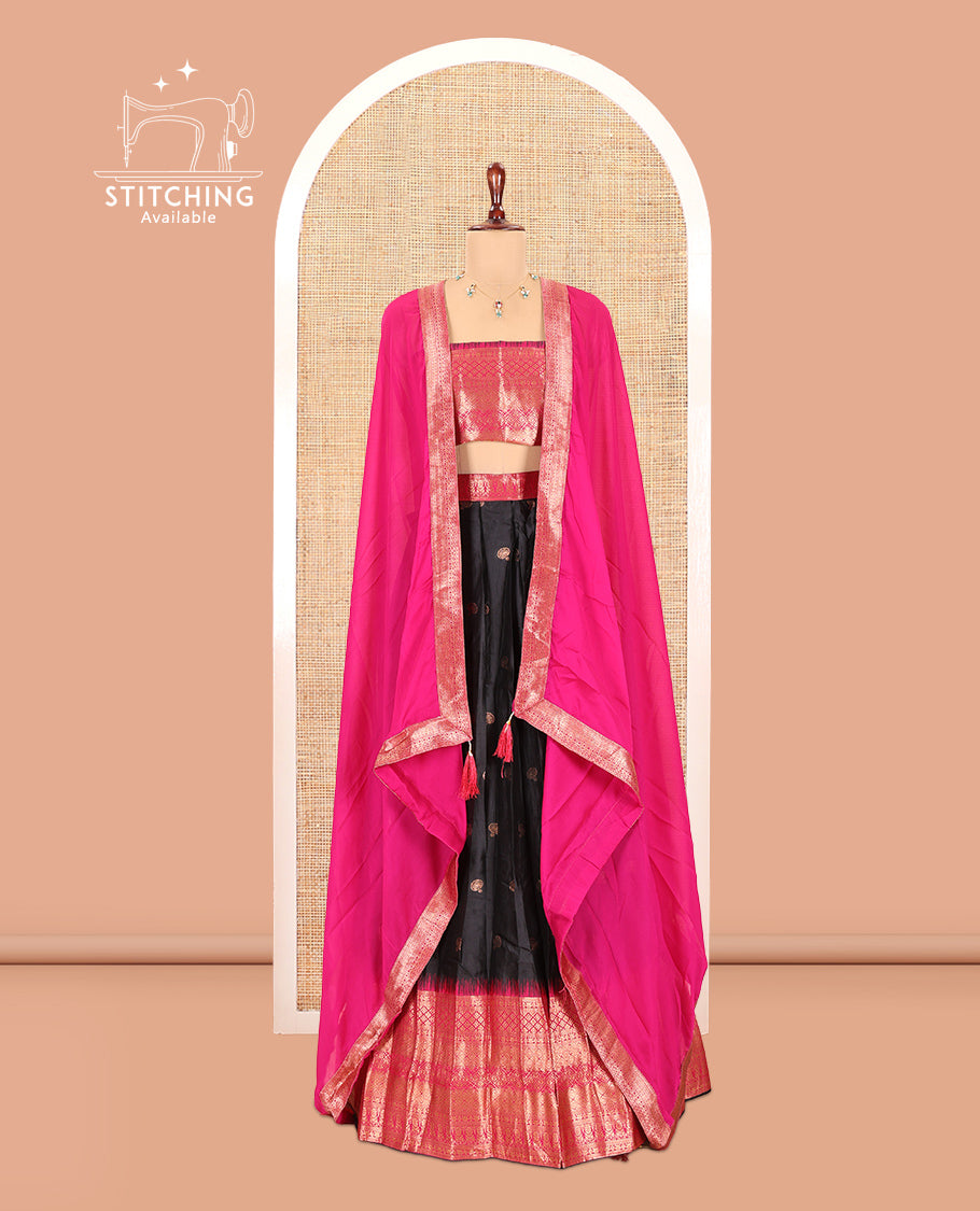 Black-Magenta Semi-Silk Half-Saree Features Zari Buttas Skirt, Contrast Traditional Zari Border, a Matching Blouse, a Contrast Blouse