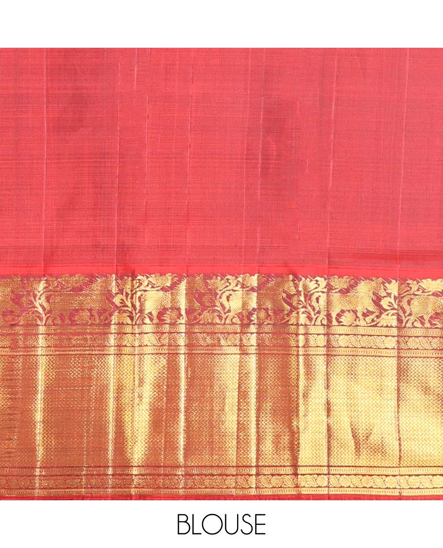 Green zari buttas Kanchipuram silk saree, contrast zari border of kuthirai design & pallu of rekku,poun,mayil & zari design