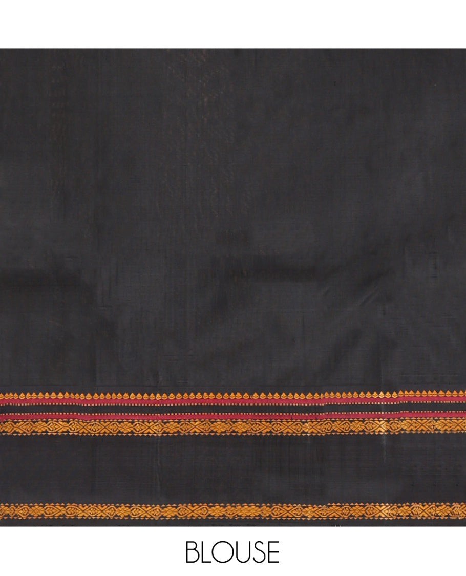 Yellow Kanchipuram Silk Saree, Sparsely Woven with Checked Design All Over Its Body, Complemented by a Contrast Rettai Pettu Border of Thilakam, Muthu, and Jada Nagam Designs, Pallu of Thazampoo Rekku Designs, and Paired with a Contrast Blouse