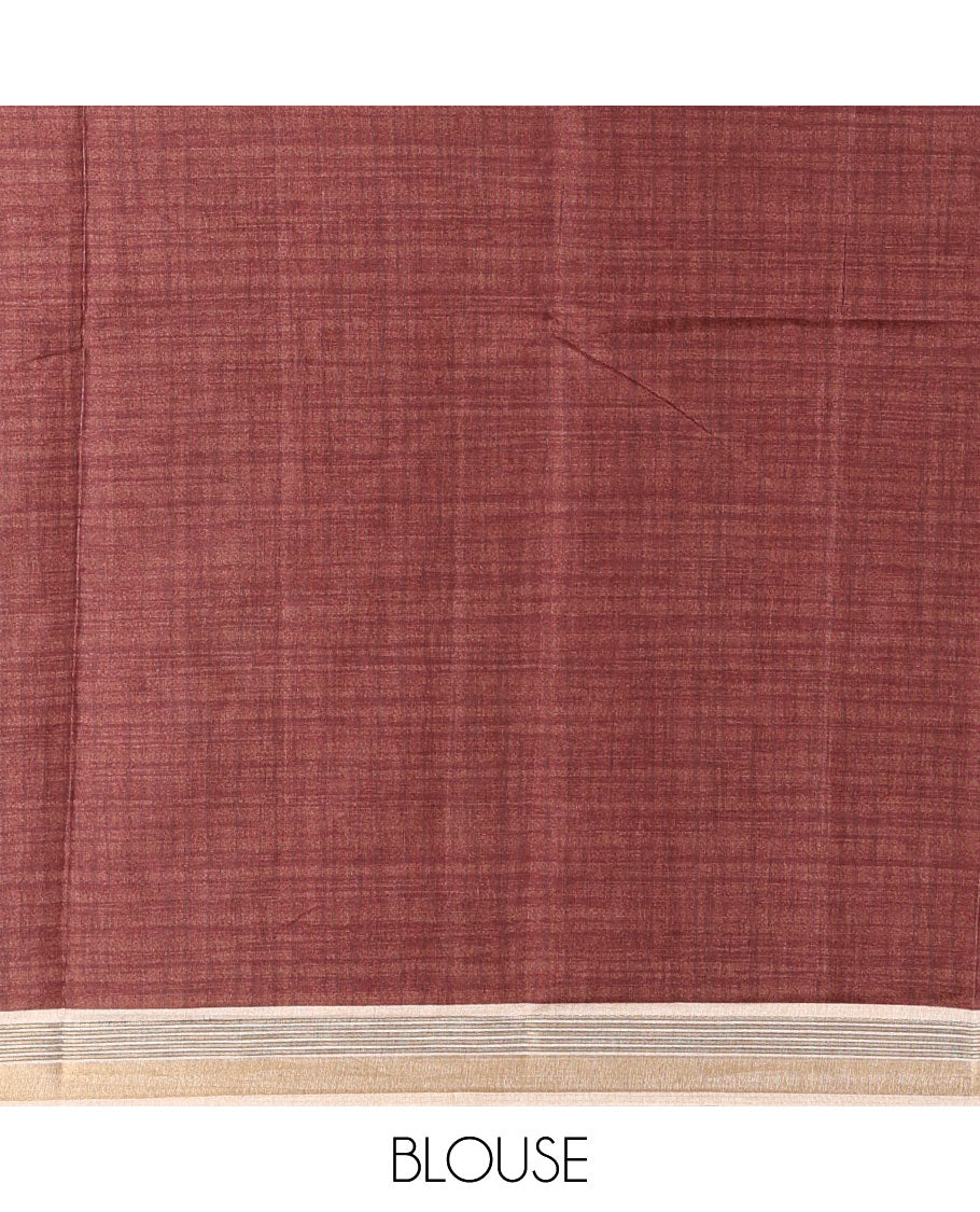 Chikku leaf themed printed soft tussar saree, contrast golden zari horizontally striped border, dual color textured pallu, and contrast plain blouse