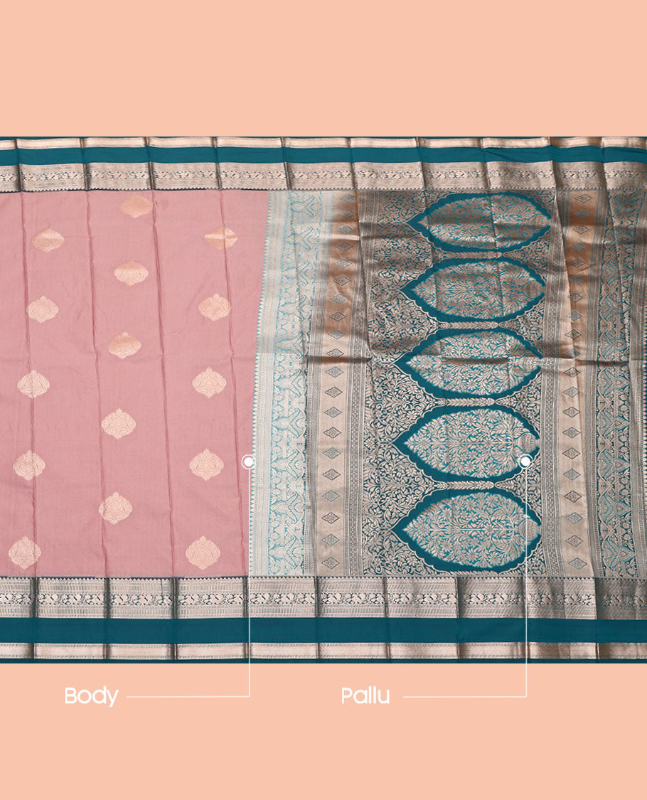 Rosewood Pink Budget Silk Saree, Detailed with Zari Buttas, Complemented by a Contrast Traditional Zari Rettai Pettu Border, Grand Pallu, and a Contrast Blouse