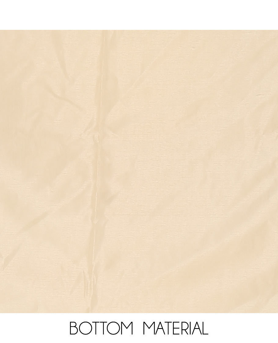 Kerala cream chudidar material, zari buttas & rose-like flowers woven taffeta silk top, plain santoon bottom & zari designs dupatta