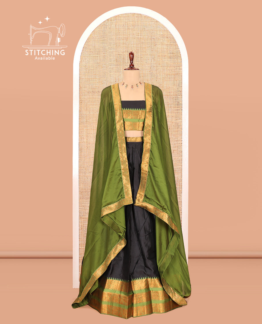 Black-Green Semi-Banarasi Half-Saree Features Plain Skirt, Contrast Floral Creeper Zari Border, Matching Blouse, Contrast Dhavani