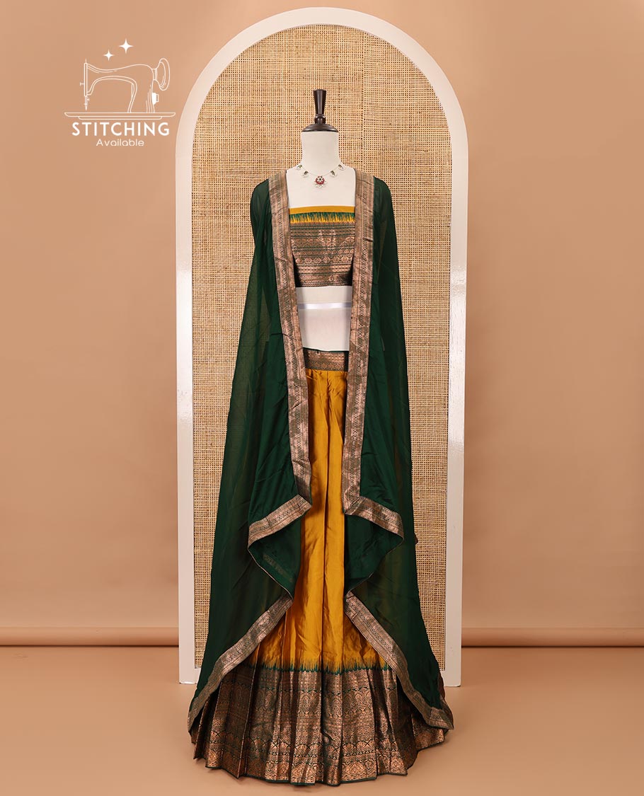 Mustard taffeta silk half-saree,plain skirt,contrast temple traditional zari border,zari design blouse & zari border georgette dhavani