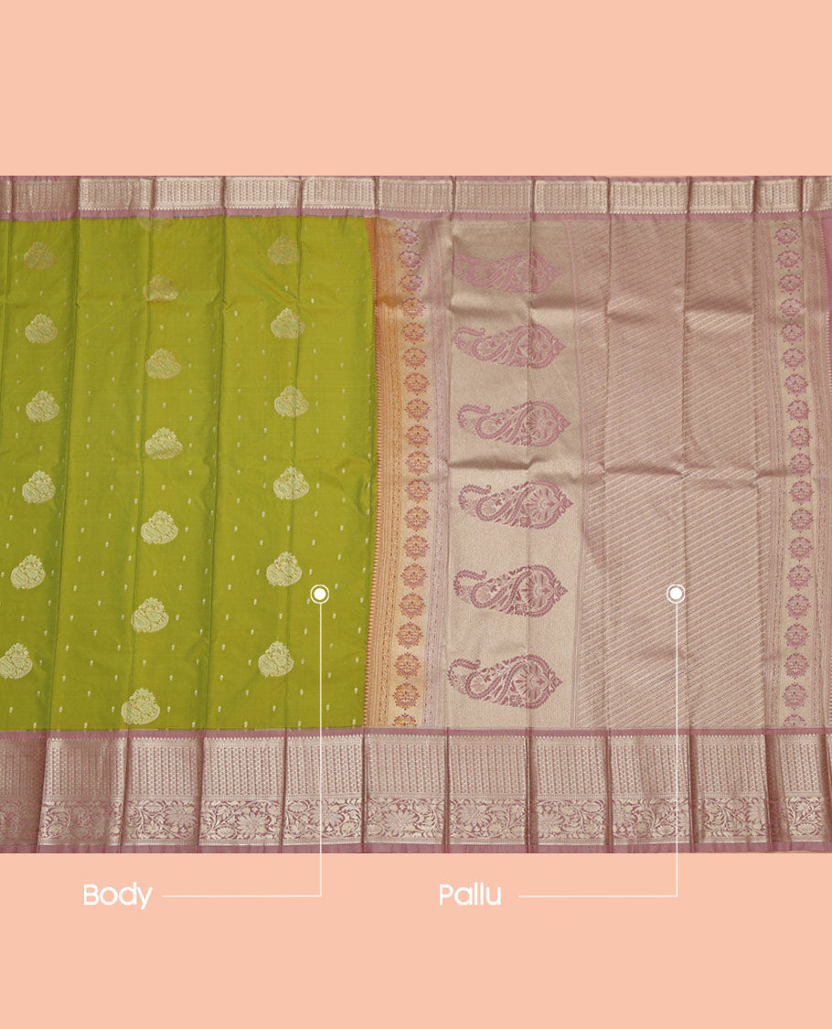 Green Budget Silk Saree, Bedecked with Zari Buttas on Its Body, Complemented by a Contrast Traditional Zari Design Border, Intricately Designed Pallu, and Paired with a Contrast Blouse