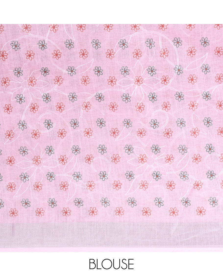 baby pink floral buttas embroidery linen saree with bhavanji border & self pallu along with butta printed blouse