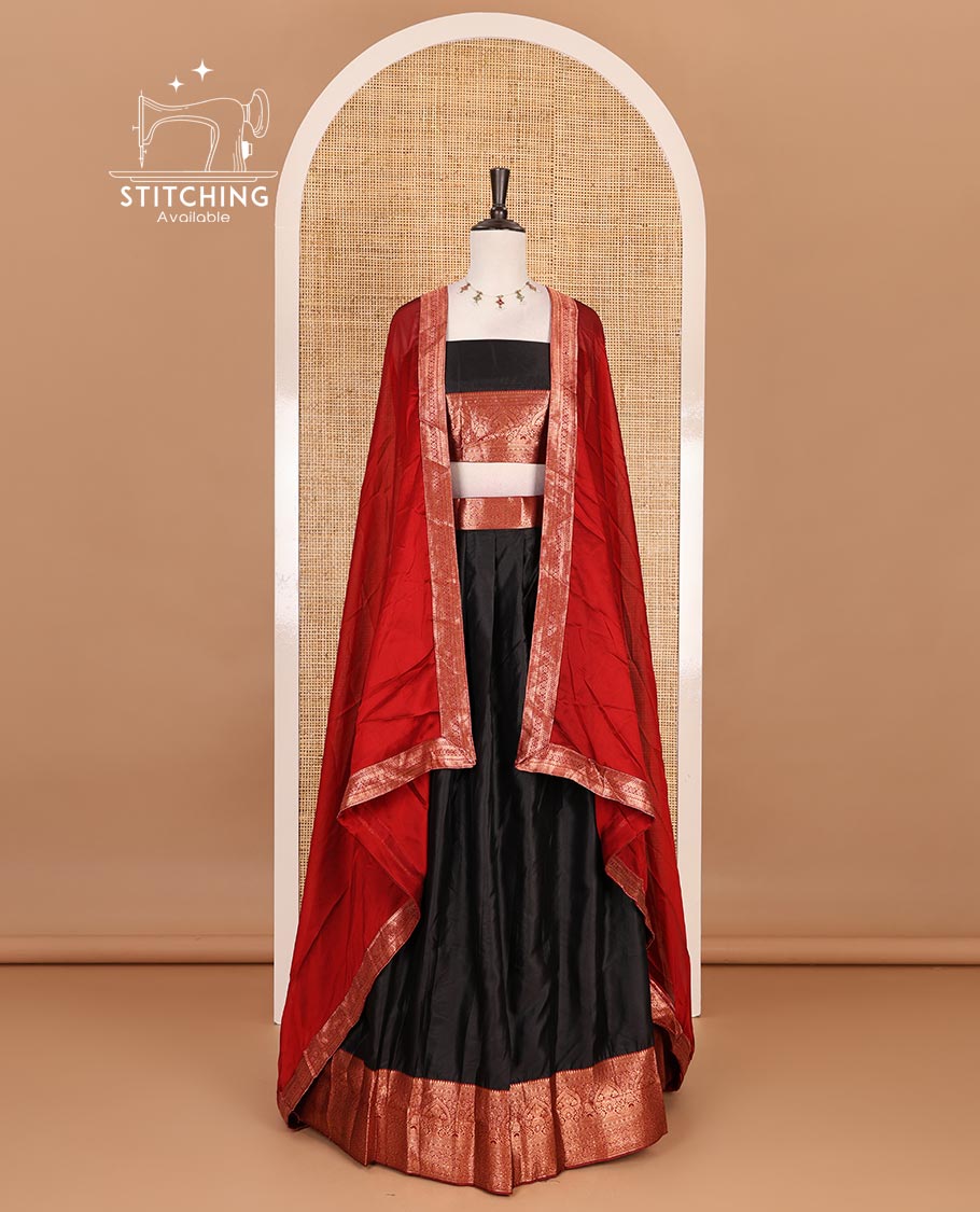 Black taffeta silk half saree, zari buttas with contrast red traditional zari border skirt, matching zari design blouse, and contrast plain zari border syska georgette dhavani