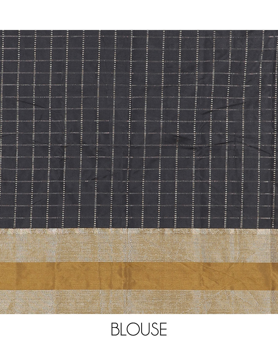 Black checked semi-soft silk saree, contrast satin zari striped border, striped pallu, and a matching blouse