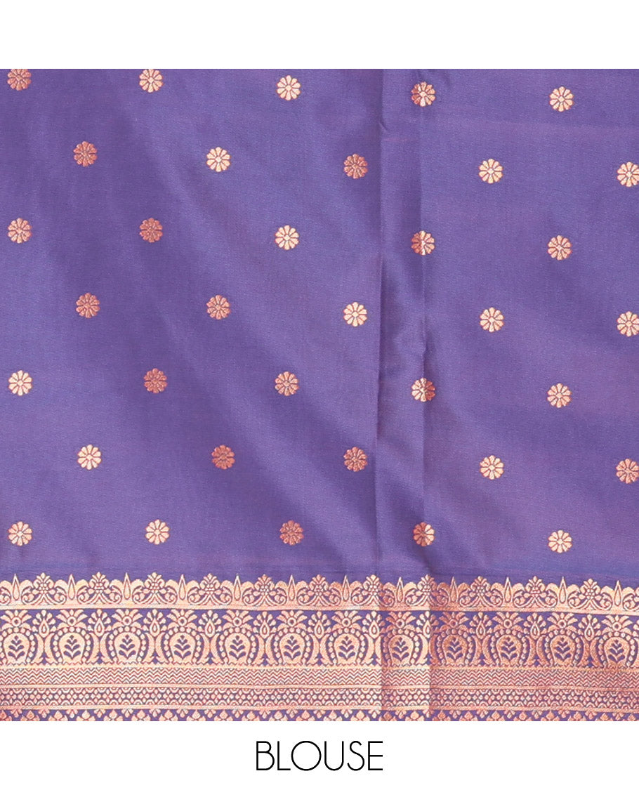 Magenta zari buttas elite soft silk saree, contrast traditional zari border of Pichwai cow design, scallop pallu, and a contrast zari design blouse