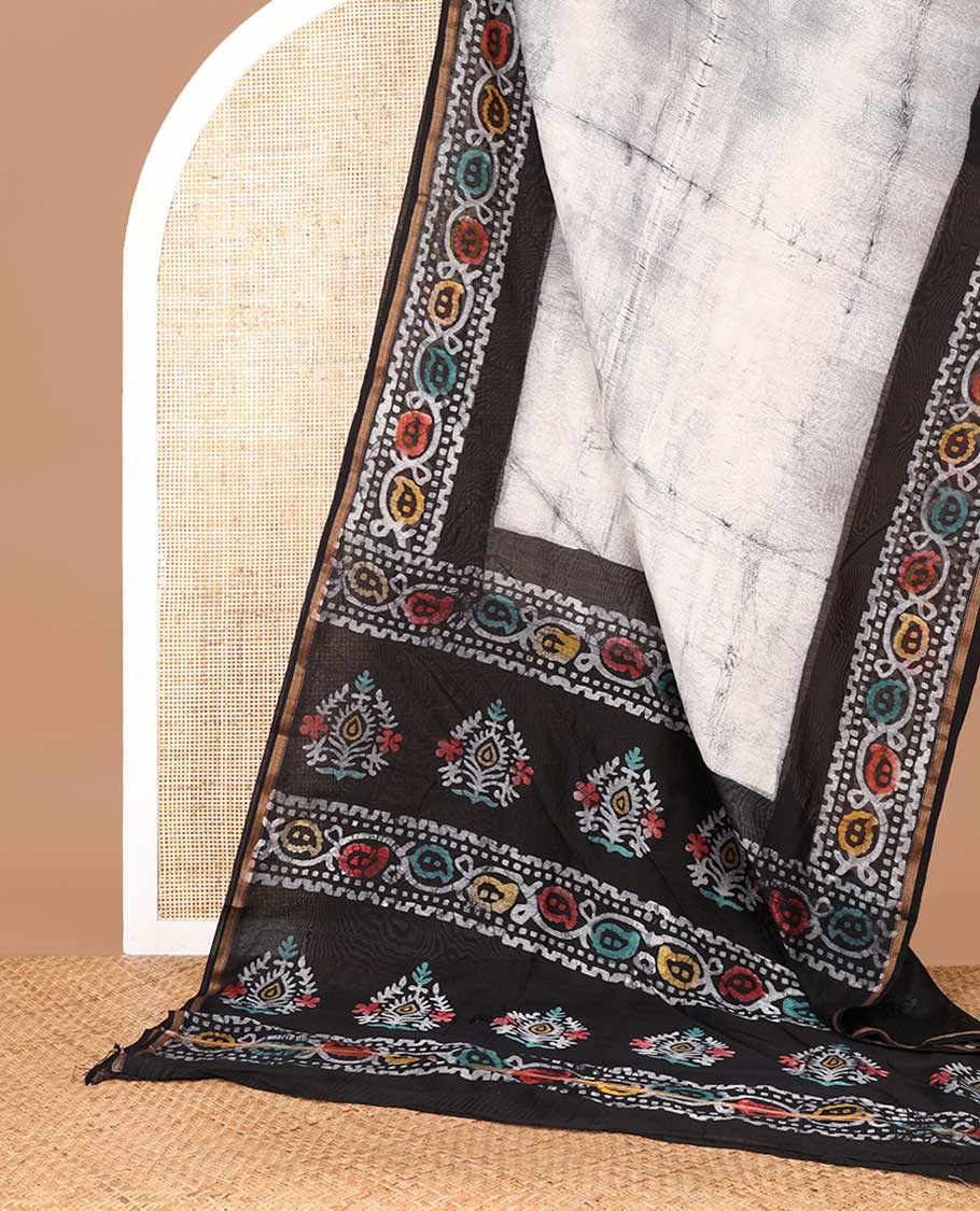 Grey hanblock batik printed chanderi cotton saree with contrast double side hand block wax printed border & hand block printed pallu along with plain blouse