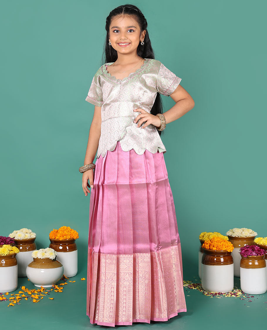 Pink readymade art silk pavadai, traditional zari big border skirt, & contrast jacquard scallop neck & short sleeve blouse