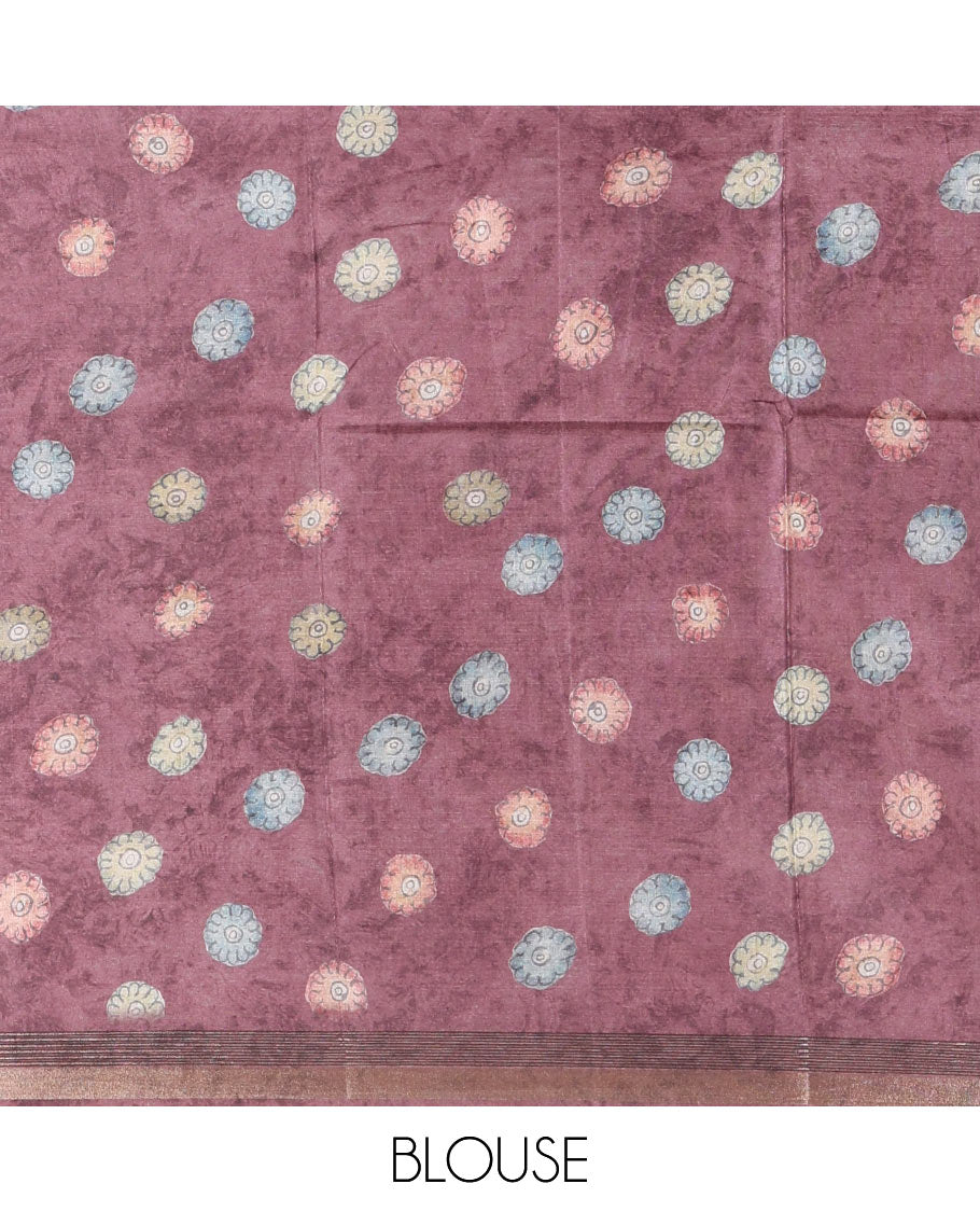 Pink-base multi-color kalamkari floral-vine and peacocks printed semi-tussar saree, gold zari piping border, kalamkari printed pallu, and contrast printed blouse