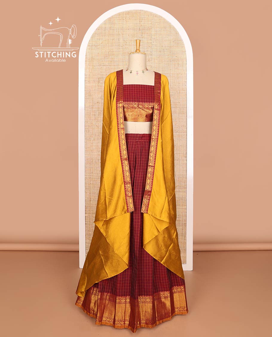 Maroon mercerised cotton daman zari border, checked design half saree with mercerised cotton checked blouse & skya georgette one side zari border work