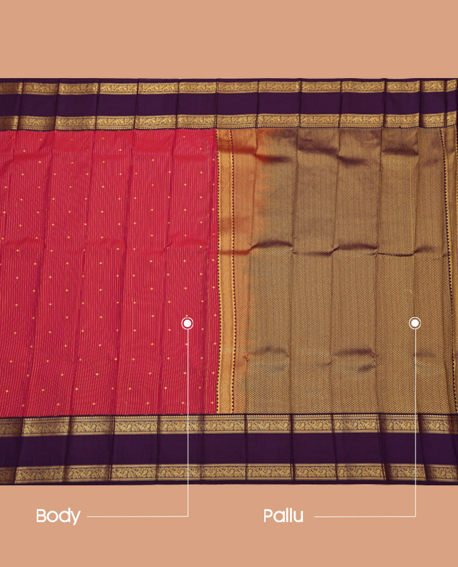 Red Budget Silk Saree, Subtly Sparkled with Buttas and Stripes All Over Its Body, Complemented by a Contrast Traditional Zari Design Rettai Pettu Border, Grand Jaal-Patterned Pallu, and Paired with a Contrast Blouse