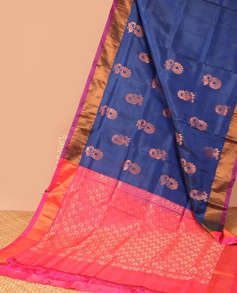 Blue floral motifs semi-uppada saree with contrast zari border & zari jaal design pallu