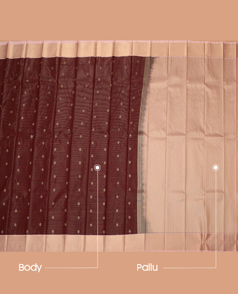 Maroon Budget Silk Saree, Detailed with Zari Buttas and Stripes, a Contrast Traditional Zari Border, Grand Pallu, and a Contrast Blouse