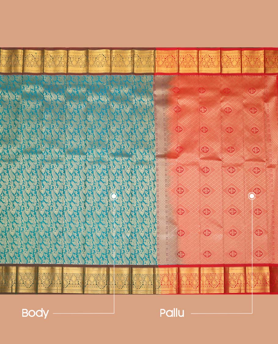 Blue Budget Silk Saree, Decorated with Floral Vine Design, Complemented by Contrast Paisley Zari Border, a Jaal Pallu and a Contrast Blouse