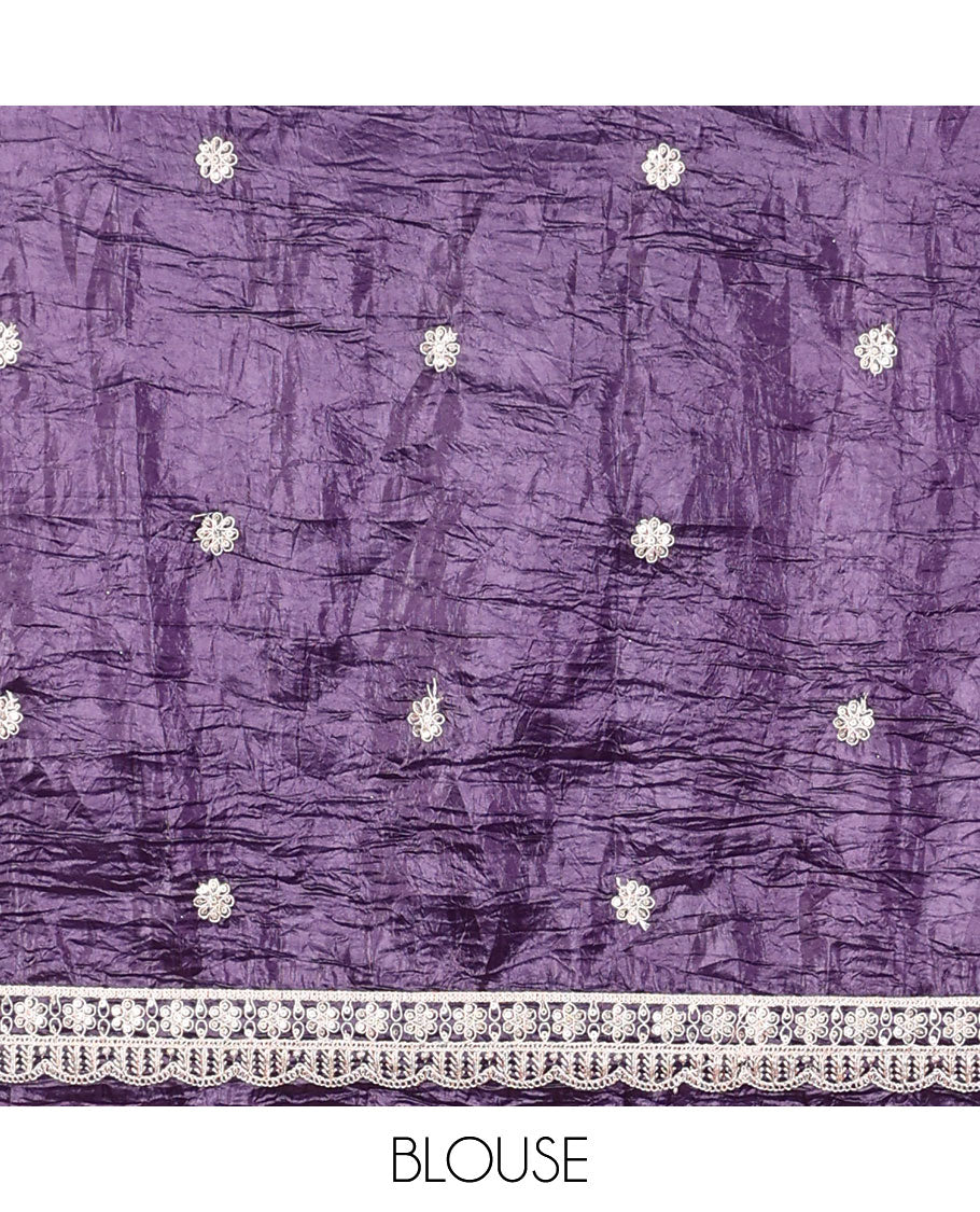 Violet floral embroidered half saree with self embroidered border, floral embroidery blouse & floral buttas , scallop border dhavani