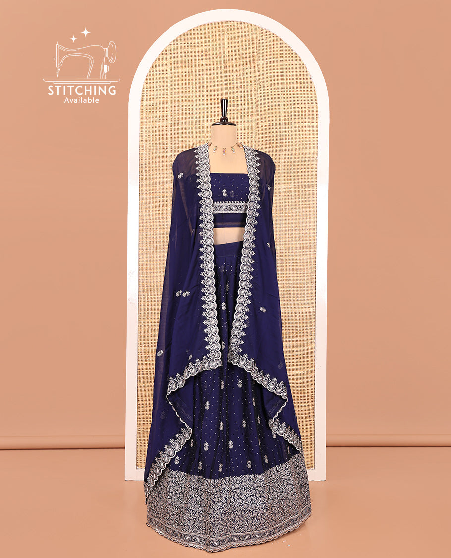 Navy Blue Georgette Half-Saree Featuring Embroidery Skirt, Floral Embroidered Border, Matching Blouse, Embroidered Dhavani