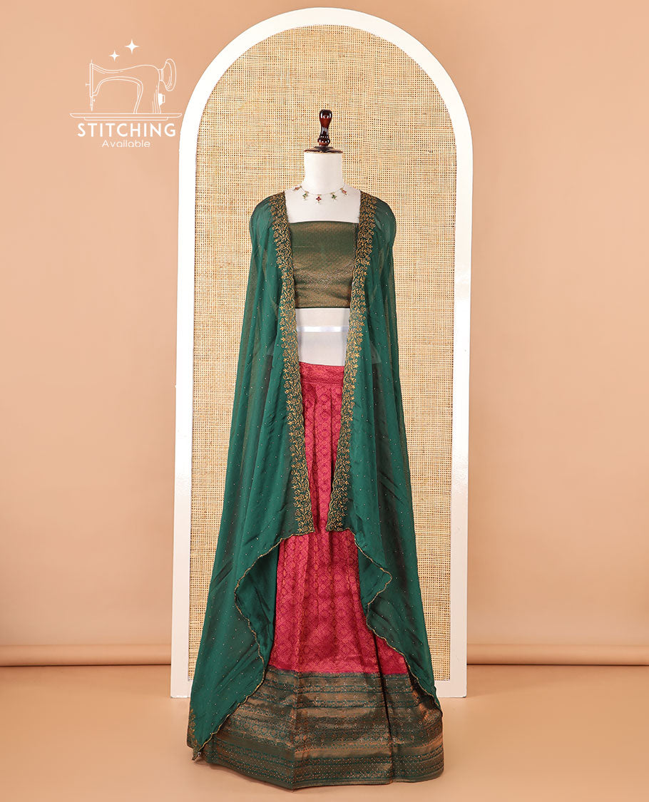 Magenta banaras softy half-saree, brocade skirt, contrast traditional border, brocade blouse & stonework scallop georgette dhavani