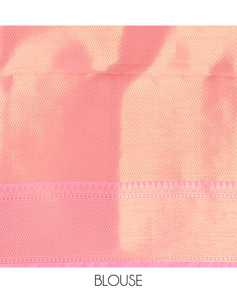 Gold color copper with pink zari tissue saree with light pink contrast border & pink copper brocade blouse