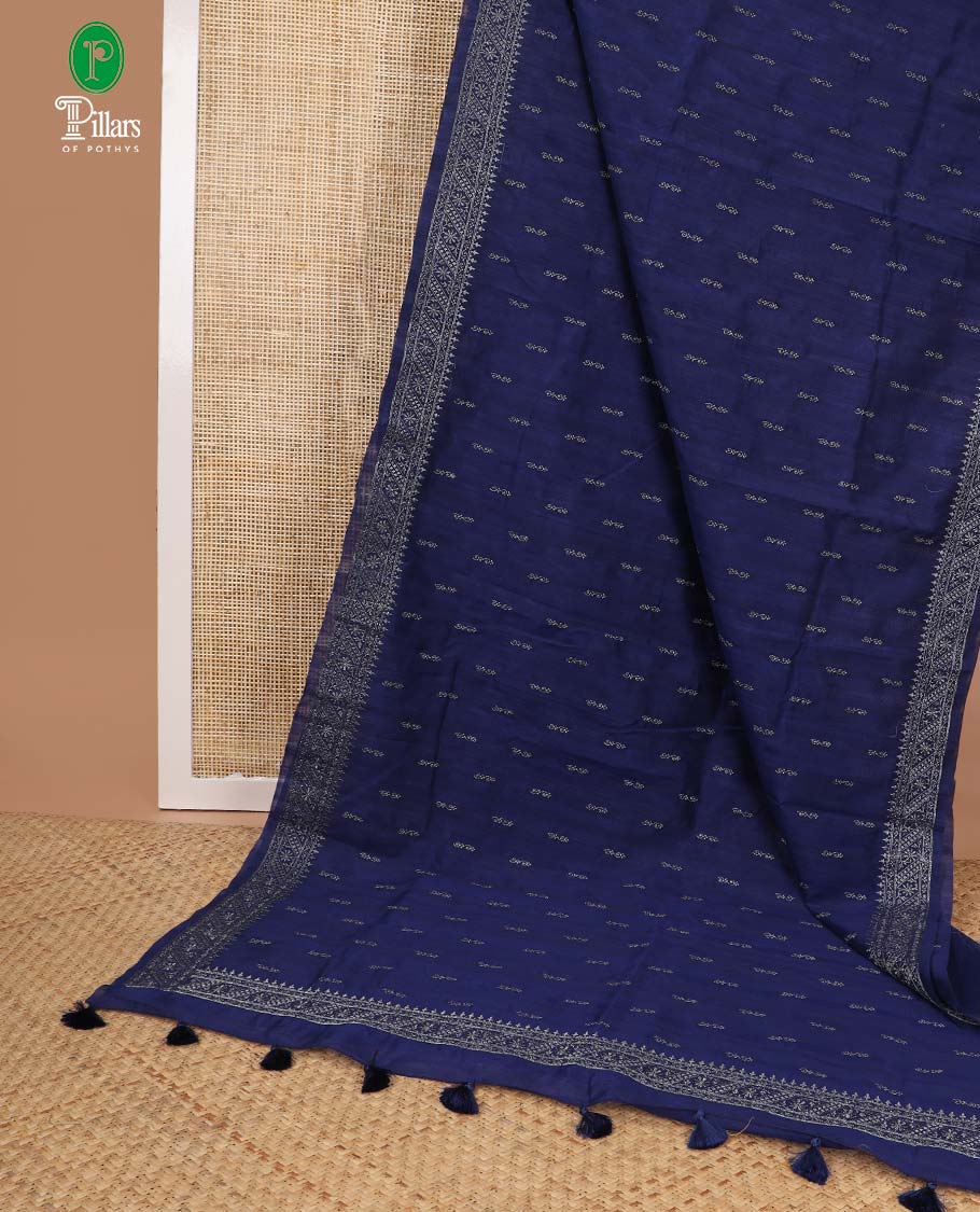 Navy blue butta embroidery matka saree with flower design, zari embroidery border & buuta design pallu alogn with plain blouse