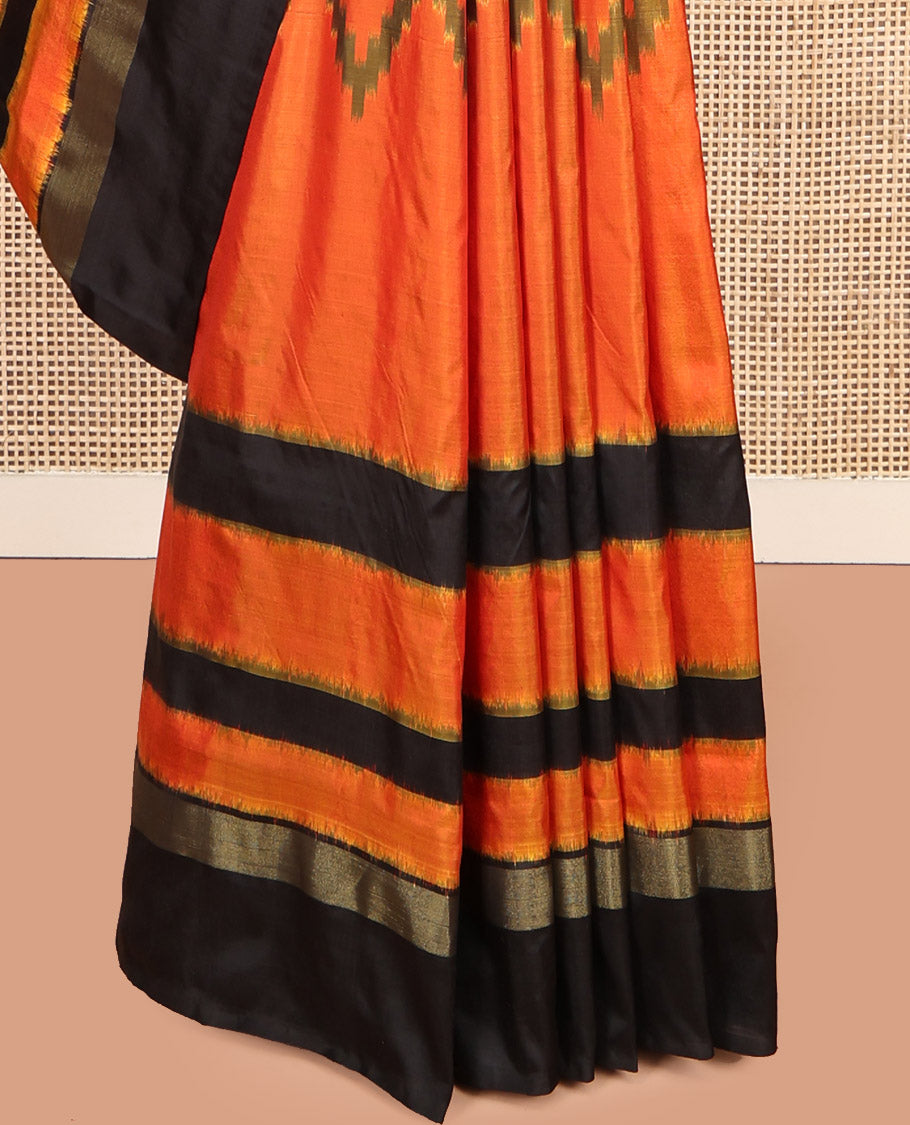 Orange Pochampally Ikat Silk Saree, Decked Up with Chevron Stripes, Complemented by a Contrast Border, Chevron Striped Pallu, and a Contrast Blouse