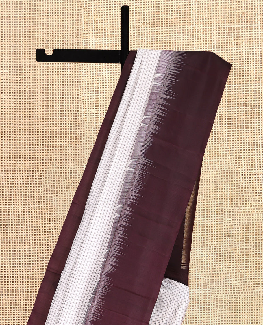 White Checked Kanchipuram Silk Saree, a Contrast Thazampoo Rekku Border, Zari-Woven Pallu, and a Contrast Blouse