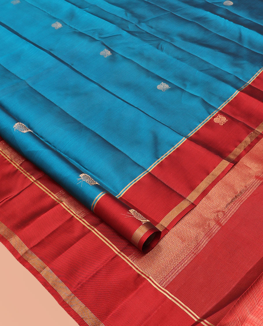 Blue Mayil Buttas Vasundhara Lite Silkmix Saree, a Contrast Mayil Border, Pallu of Vanki-Chakra, Contrast Blouse