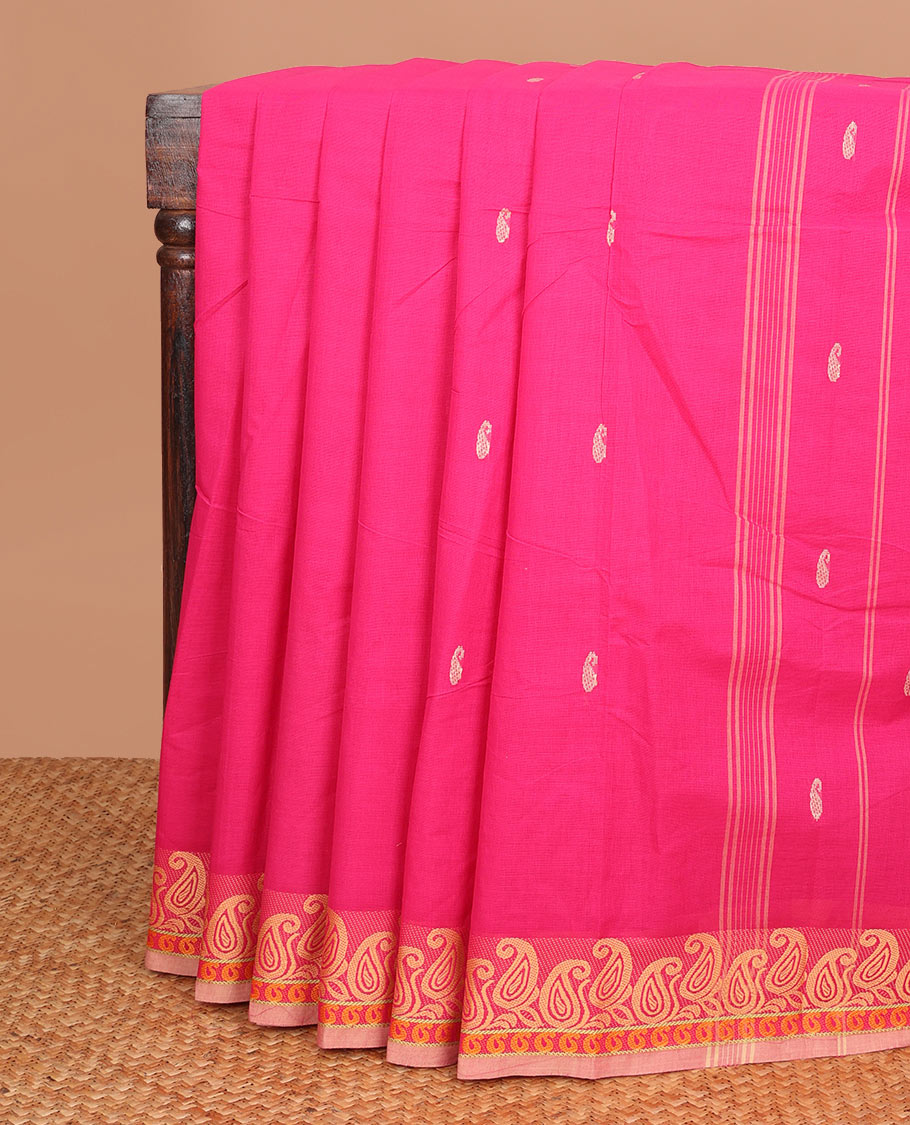 Pink paisley buttas Chettinad cotton saree, contrast paisley design border & striped pallu