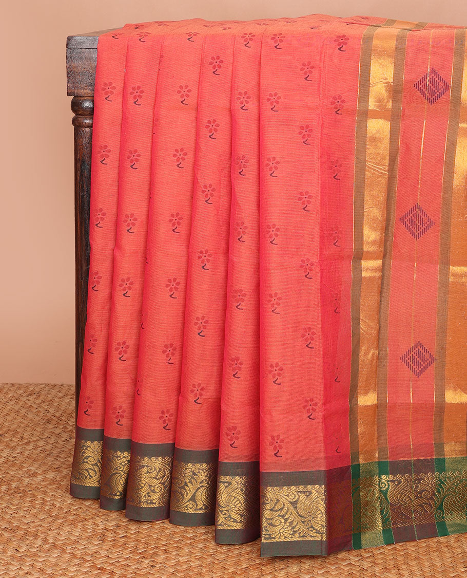 Pink flower buttas Andhra cotton saree, contrast traditional zari border & zari striped & diamond pallu