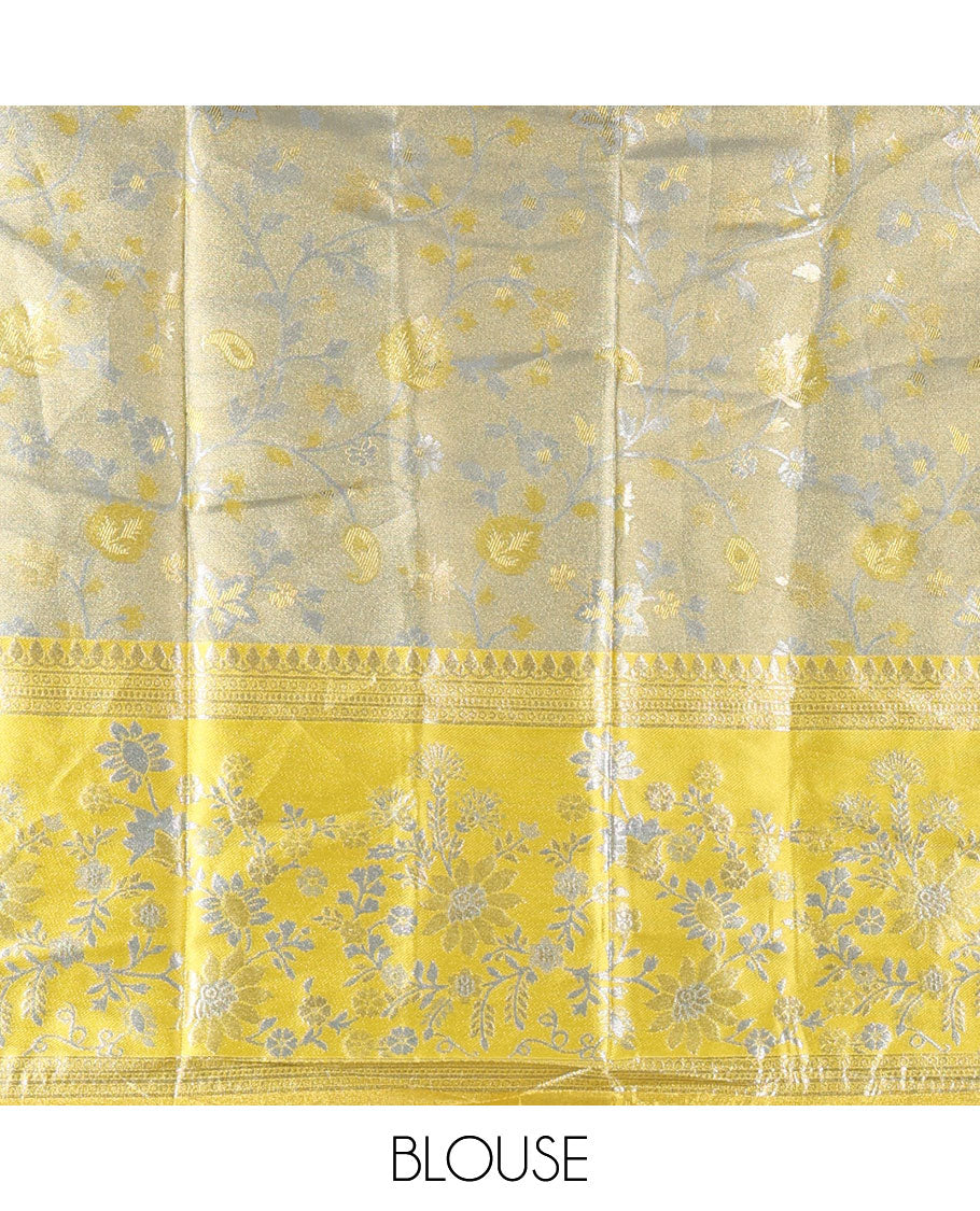 Grey banarasi half-saree, floral jaal thread weave with contrast floral thread bordered skirt, a matching blouse, and scallop embroidered dhavani with belt