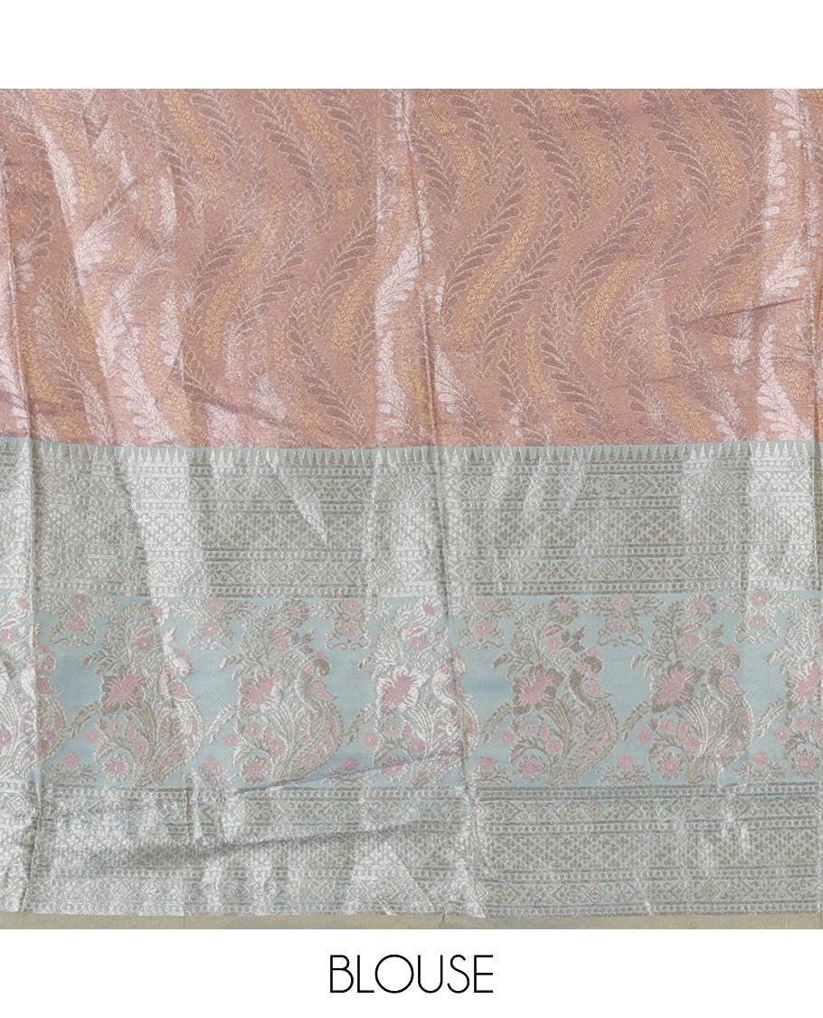 Pink-blue banaras tissue half saree, jacquard with contrast traditional zari bordered skirt, matching blouse, and Vichitra silk embroidered dhavani