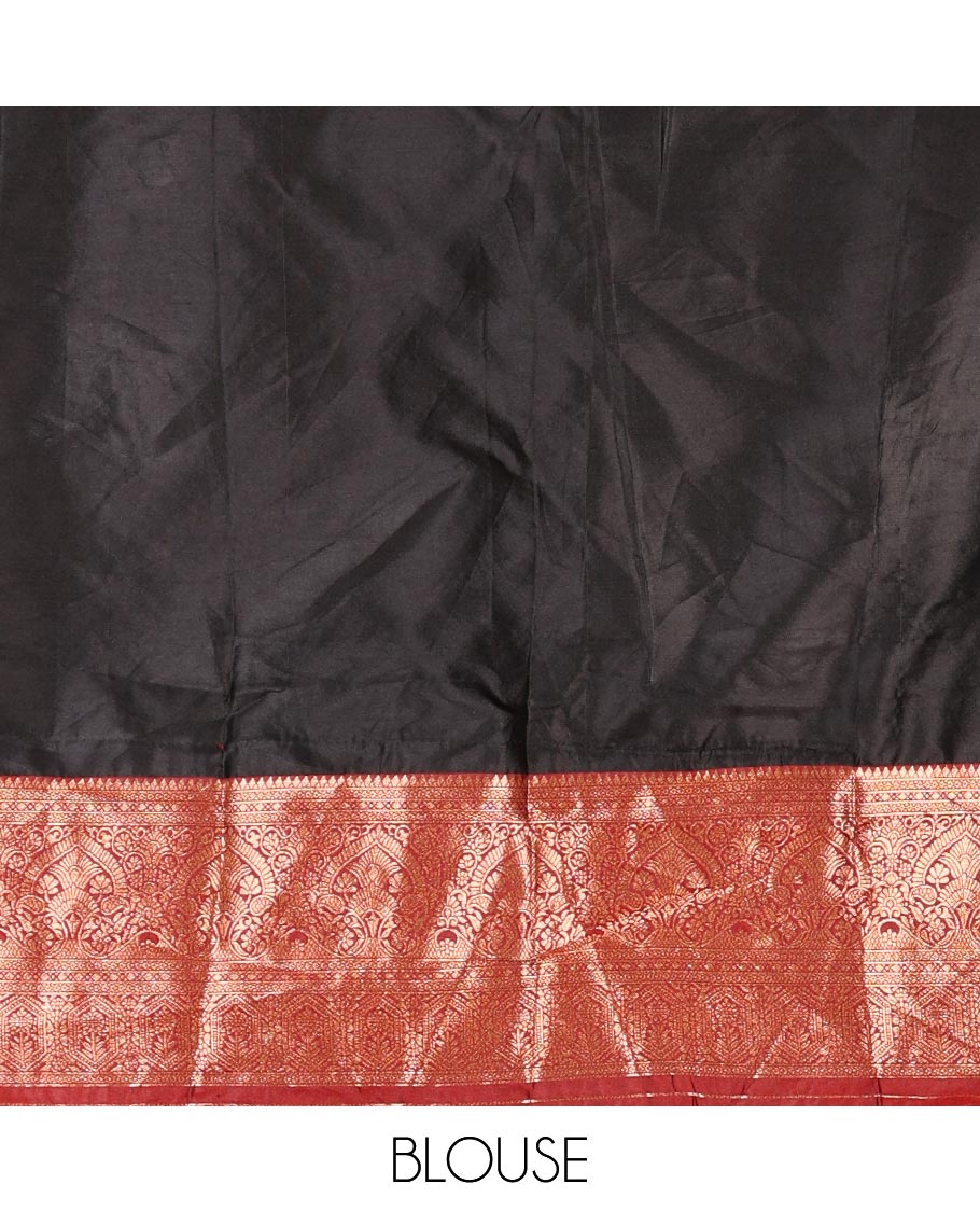 Black taffeta silk half saree, zari buttas with contrast red traditional zari border skirt, matching zari design blouse, and contrast plain zari border syska georgette dhavani