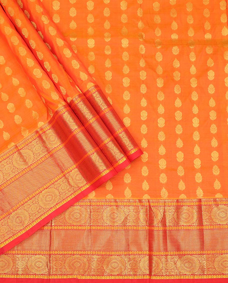 Orange floral buttas pure silk half saree with contrast traditional design border, zari design blouse & floral zari design dhavani