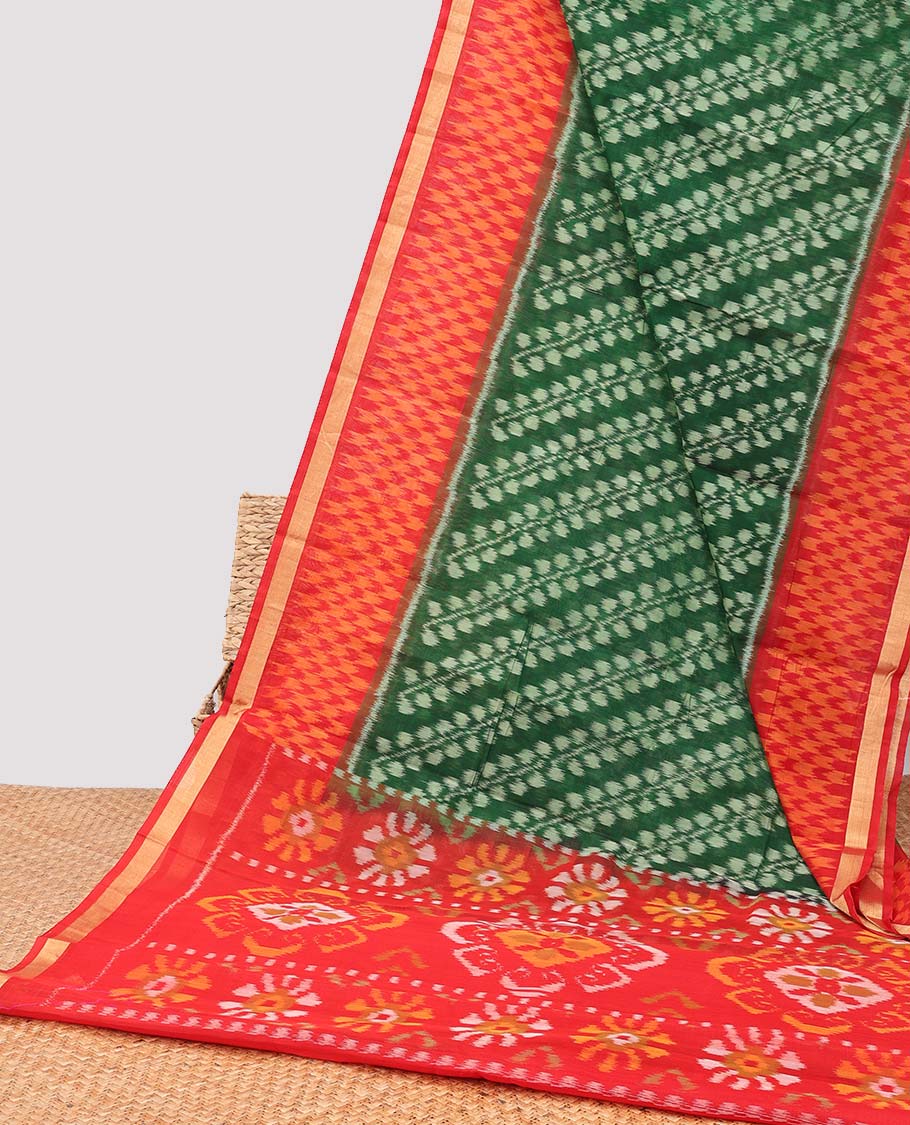 Green ikkat floral vine design silk cotton saree with contrast checked border & ikkat style floral design pallu