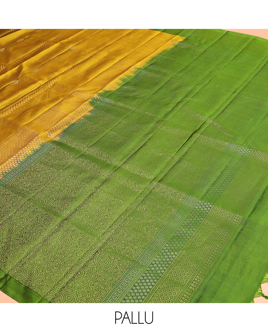 Yellow Mayuri Lite Silk Mix Saree, Woven with Zari Buttas All Over Its Body, Complemented by a Contrast Buttas Border, Pallu of Spiral Designs, and Paired with a Contrast Blouse