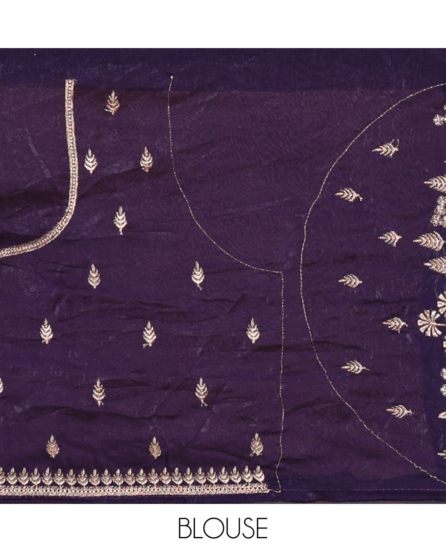 Violet half-saree, floral and bird motifs embroidered velvet organza top, matching embroidered blouse, and contrast scallop embroidered syska georgette dhavani