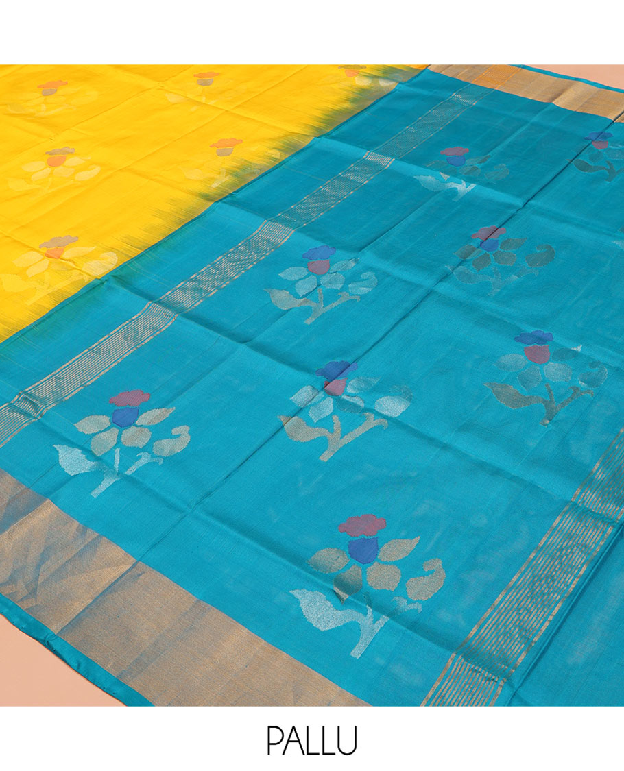 Yellow Uppada Silk Saree, Prettified with Floral Meena Buttas All Over Its Body, Subtle Plain Border, Complemented by Contrast Pallu Steeped with Floral Meena Buttas, and Paired with a Contrast Blouse